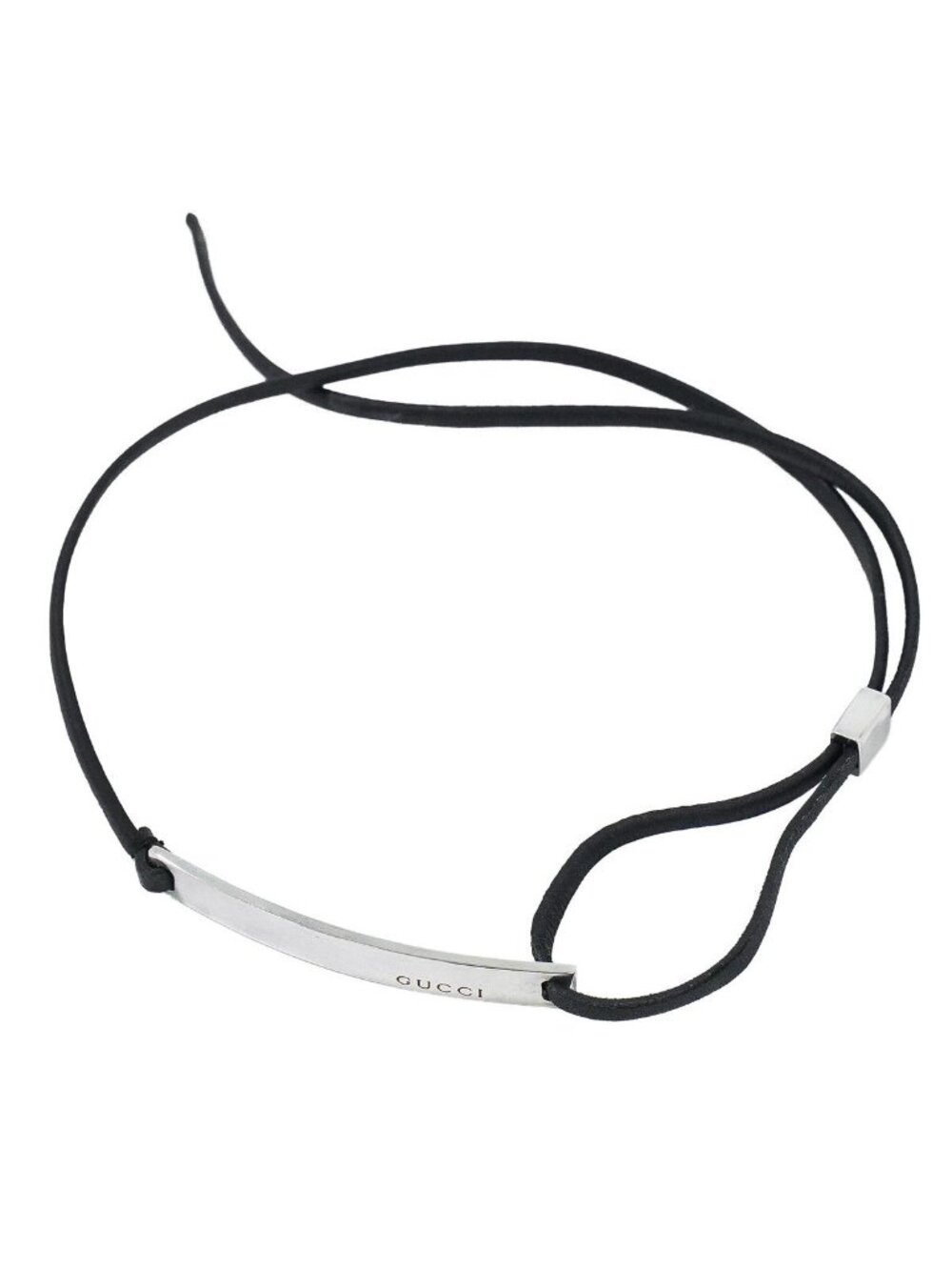 Gucci Logo Plate 925 Leather Choker Necklace Silver Black